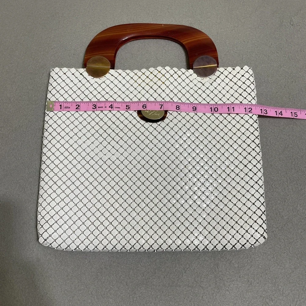 Vintage Purse Cream Mesh Tote Lucite Wood‎ Grain Handles Whiting And Davis Glam